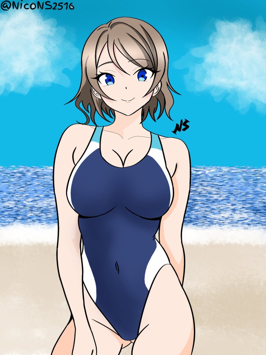 big_breasts blue_eyes breasts brown_hair competition_swimsuit female large_breasts looking_at_viewer love_live! love_live!_sunshine!! navel one-piece_swimsuit simple_background solo stomach swimsuit watanabe_you