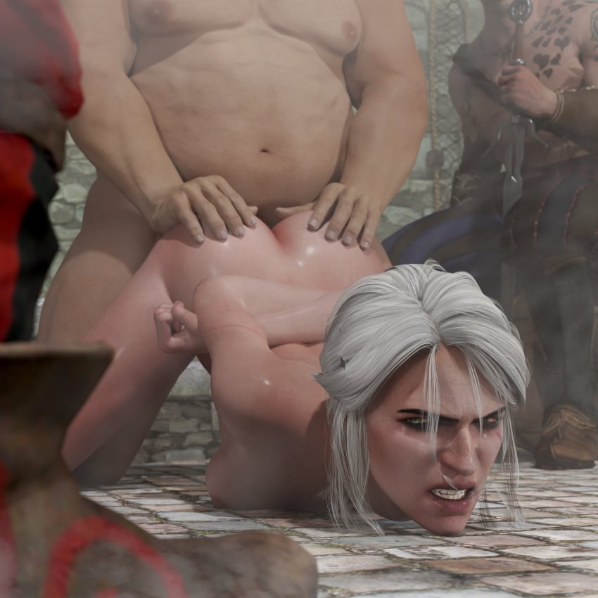 1girls 3boys 3d angry arms_behind_back ass bent_over breasts ciri clenched_teeth doggy_style fat_man forced from_behind gangrape green_eyes looking_back nude painful perpetualabyss rape restrained scar sex the_witcher_(series) the_witcher_3:_wild_hunt white_hair