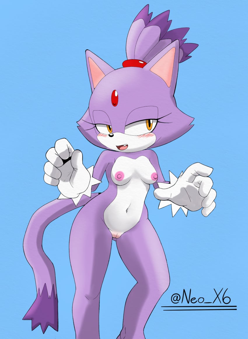 absurd_res anthro areola blaze_the_cat blush breasts clothing digital_media_(artwork) domestic_cat felid feline felis female fur genitals gloves gloves_only hair handwear handwear_only hi_res looking_at_viewer mammal mostly_nude navel neo_x6 nipples nude open_mouth purple_body purple_fur pussy sega simple_background smile solo sonic_(series) sonic_the_hedgehog_(series) standing tail teeth