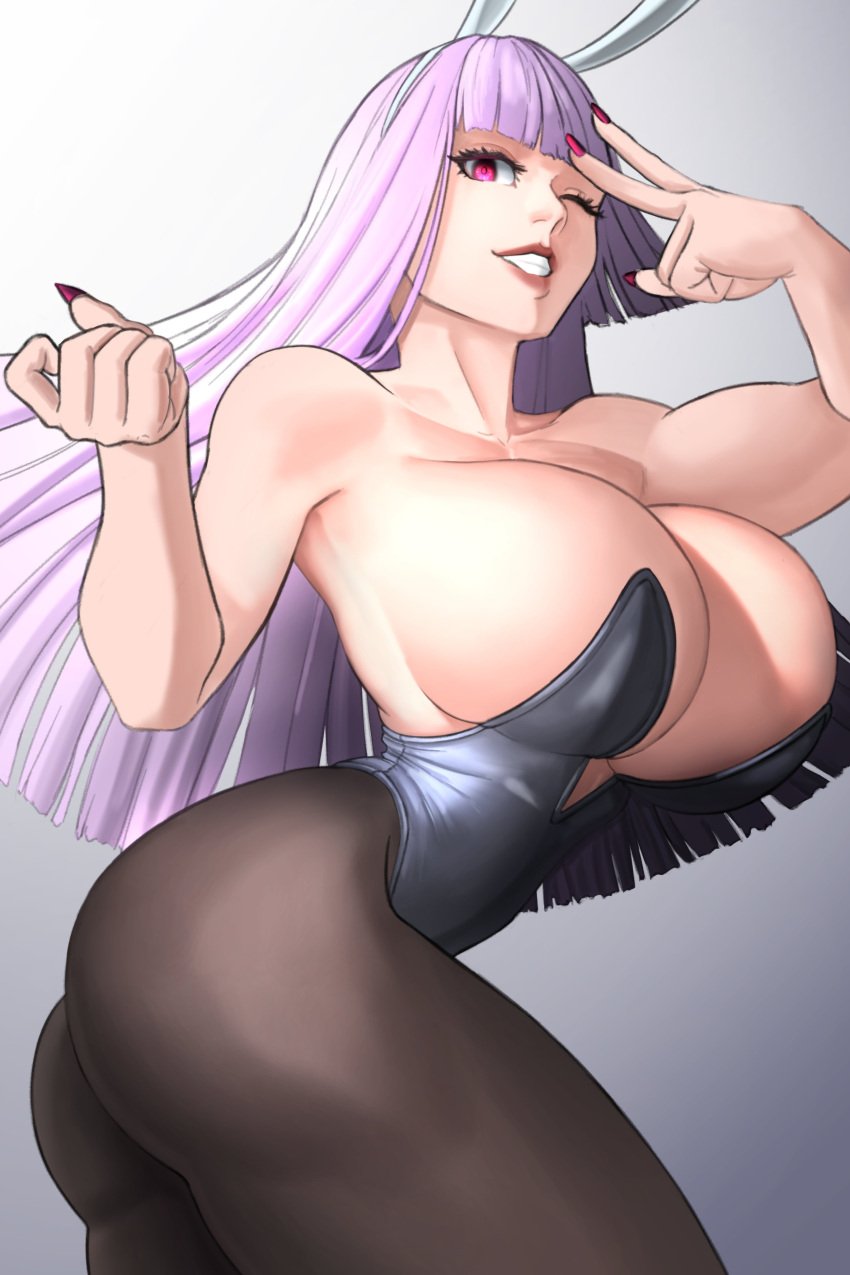 1girls 2023 absurd_res ass big_breasts bunny_ears bunnysuit female female_only long_hair looking_at_viewer original original_character pantyhose pink_eyes purple_hair smiling smiling_at_viewer solo thick_thighs v_sign wink winking_at_viewer yamiakanee