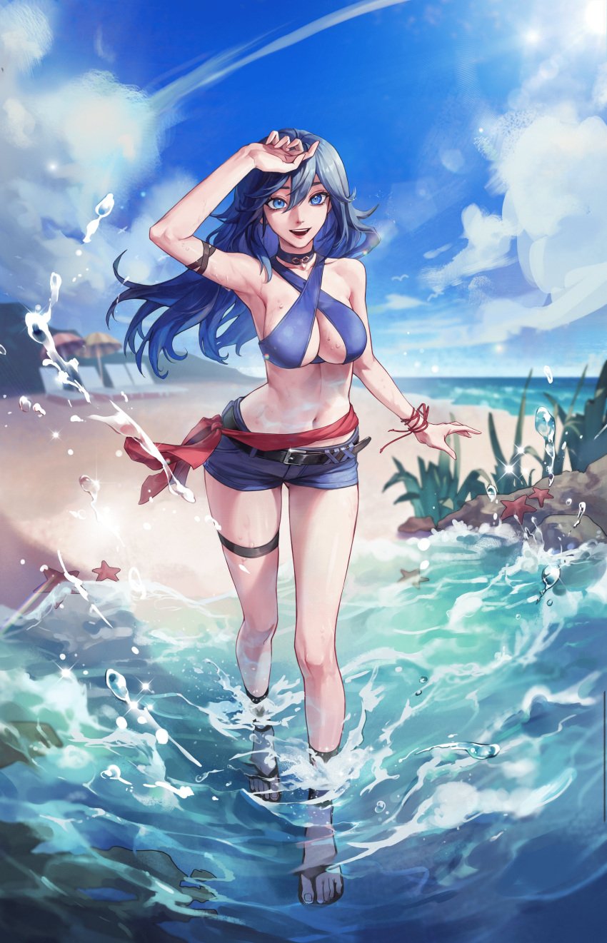 1girls beach bikini blue_eyes blue_hair brand_of_the_exalt cleavage fire_emblem fire_emblem_awakening kjudraw looking_at_viewer lucina_(fire_emblem) medium_breasts nintendo outdoors swimsuit symbol-shaped_pupils