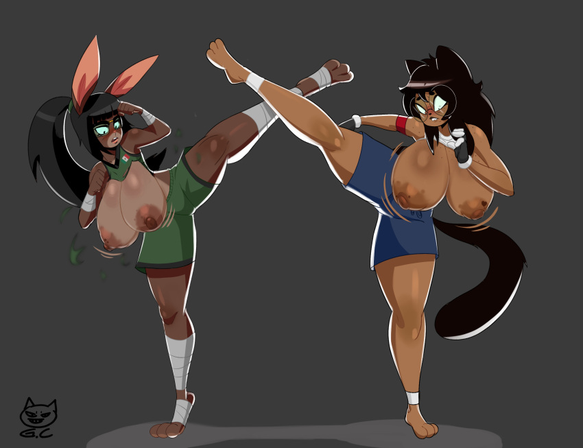 anthro big_breasts bottomwear breasts candy_the_mongoose clothing dominican_flag eyewear female female/female glasses gomezcat hi_res huge_breasts karate kick lagomorph latina leporid mammal mexican pinup pose rabbit shorts small_indian_mongoose