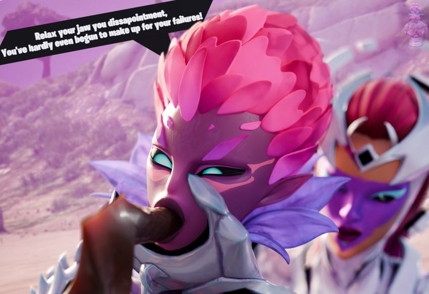 2girls 3d alien_humanoid assisted_fellatio blender blowjob cube_queen_(fortnite) disembodied_penis fortnite haziest_mirage herald_(fortnite) holding_mouth_open plant_humanoid