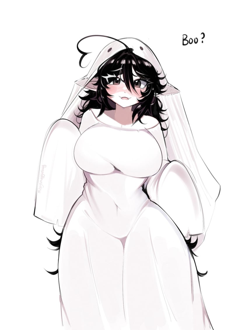 bed_sheet blush breasts child_bearing_hips cleavage clothed clothing elf_female ghost ghost_girl mistysnugglebug shy sleepy_(mistysnugglebug) thick_thighs