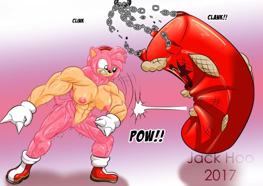 2017 abs amy_rose angry anthro biceps big_muscles boots breasts chains clothing dr._eggman female footwear fur gloves green_eyes invalid_tag jack_hoo_(artist) mostly_nude muscular muscular_female navel nipples pink_fur punch punching_bag pussy shoes solo sonic_(series) sweat teeth