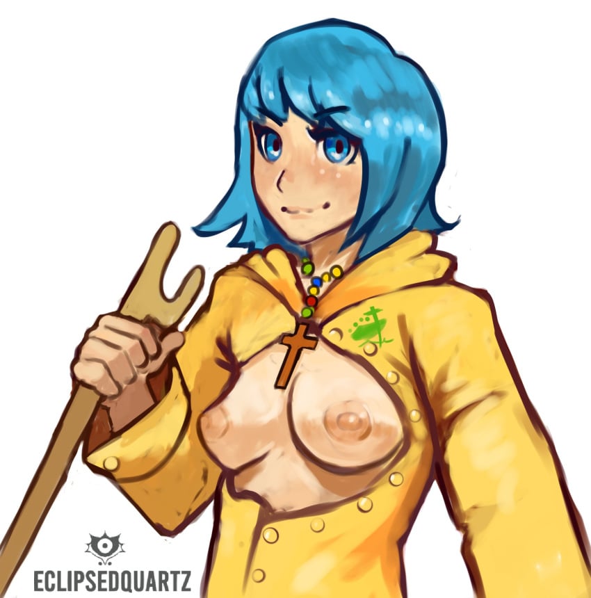 blue_hair boots breasts eclipsedquartz first_porn_of_character holy_year_2025 luce_(vatican) raincoat solo_focus