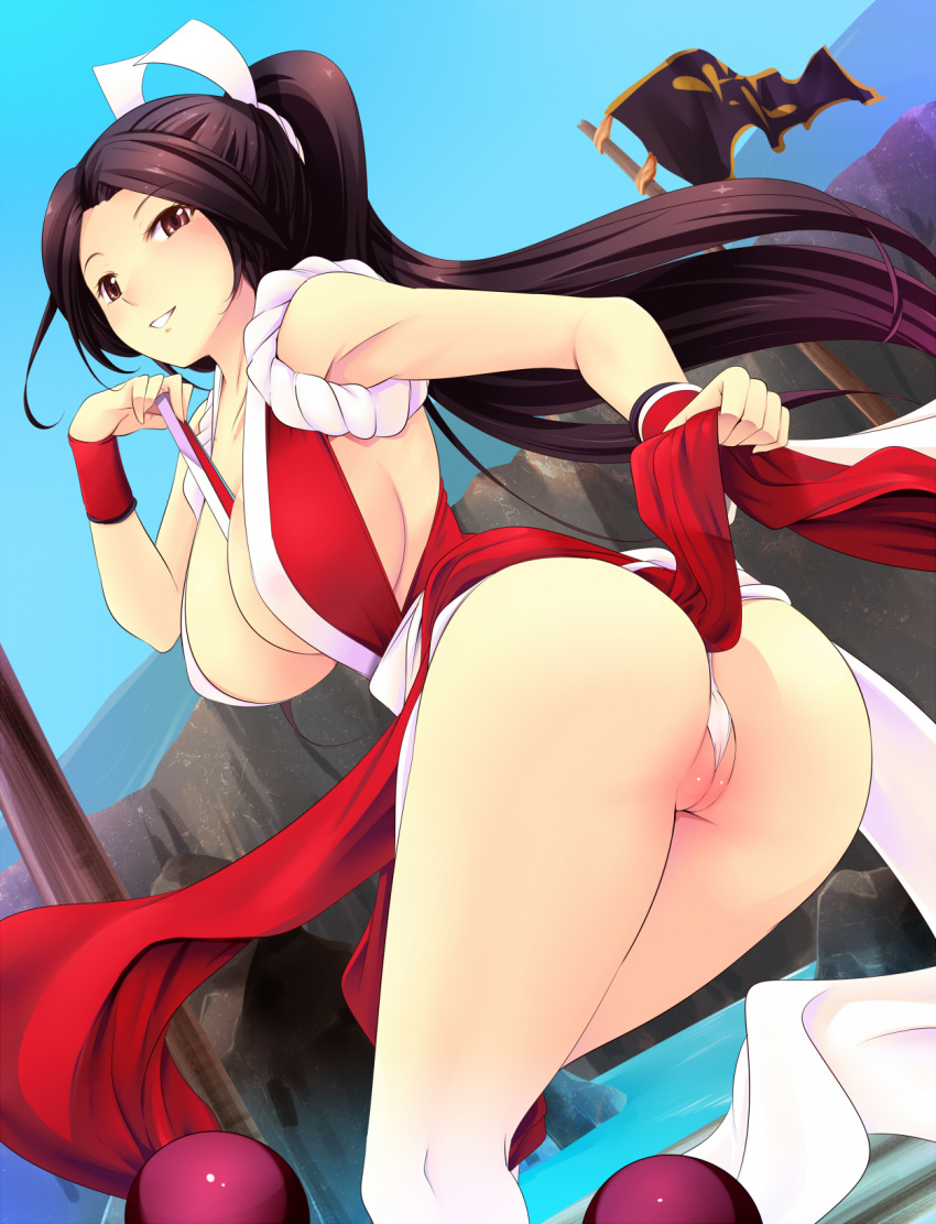 armpits ass bent_over breasts brown_hair cleavage fatal_fury female highres katori_(mocchidou) king_of_fighters large_breasts long_hair looking_at_viewer mai_shiranui partially_visible_vulva ponytail sideboob smile solo thighs tied_hair twisted_torso