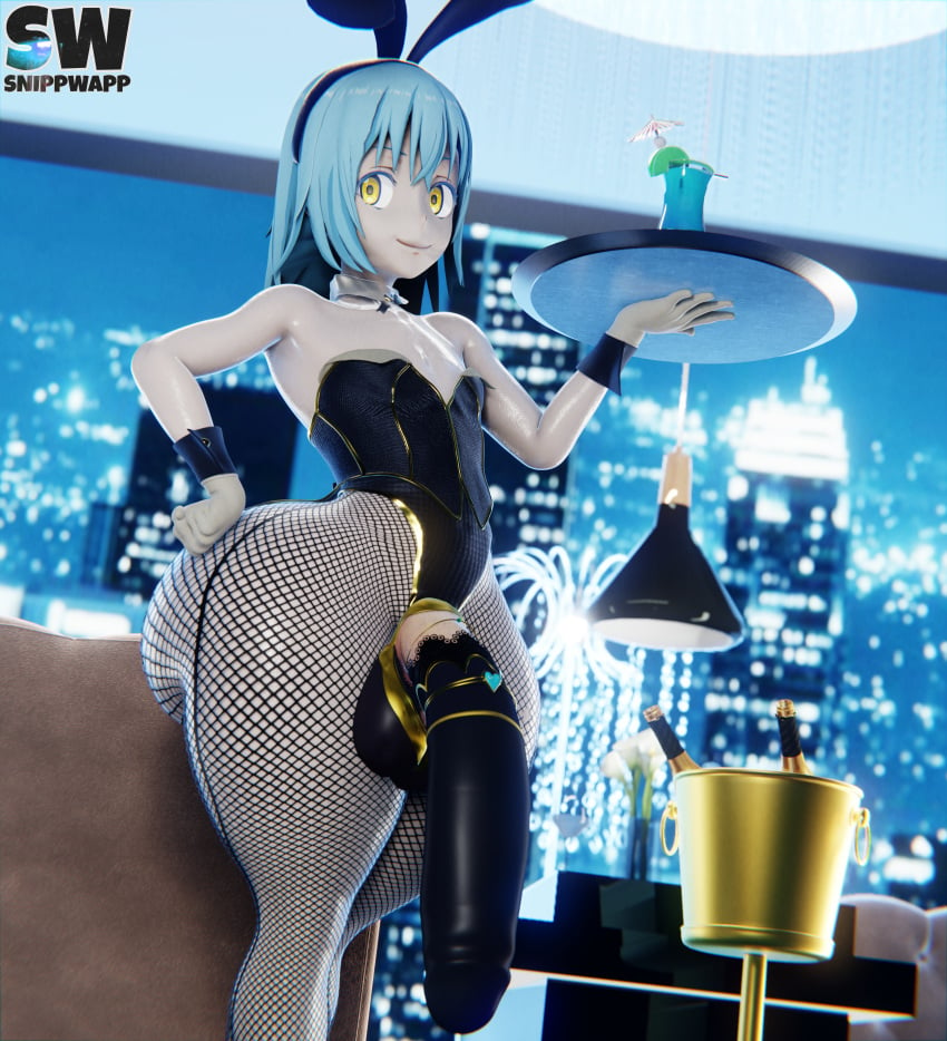 1boy 3d 3d_(artwork) artist_logo ass blender blender_(software) blender_eevee blender_eevee_next blue_hair bottom_heavy bubble_butt bunny_costume bunny_ears bunnysuit cityscape cock_ring cock_sleeve creepy curvy_body curvy_femboy curvy_figure curvy_hips curvy_male dumptruck_ass femboy genitals holding_tray huge_ass huge_balls huge_cock huge_penis hung_bottom hung_femboy hung_trap jewelry large_ass large_balls large_penis large_testicles looking_at_viewer penis rimuru_tempest short_hair smile smile_at_viewer smiling smiling_at_viewer snippwapp solo solo_focus solo_male tensei_shitara_slime_datta_ken testicles that_time_i_got_reincarnated_as_a_slime yellow_eyes