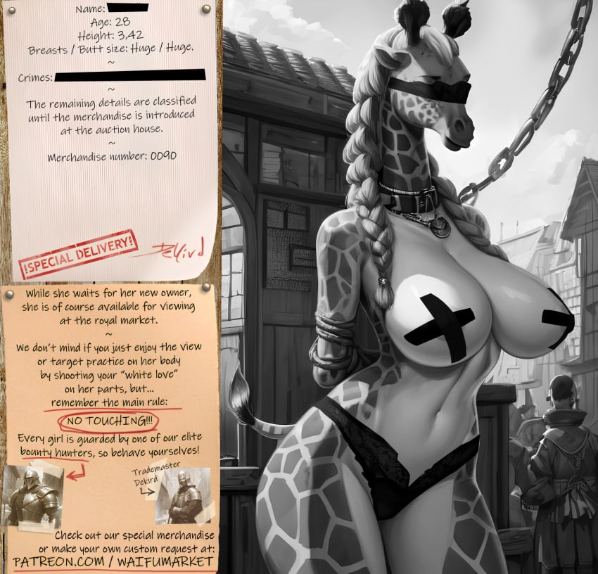 ai_generated anime anthro black_tape bondage bounty_hunters breasts chains collar edited fantasy female fictional furry giraffe huge_ass huge_boobs huge_booty huge_breasts huge_butt large_breasts ligerie market naked nude photoshop public public_nudity roleplay slave slavegirl slavery special underwear waifu