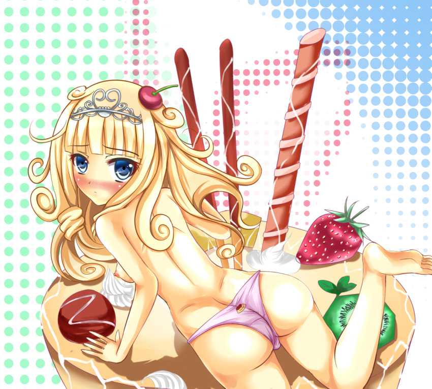 blonde_hair blue_eyes cherry dotted_background food kiwifruit looking_back madolche_puddingcess pink_panties strawberry tiara yu-gi-oh!