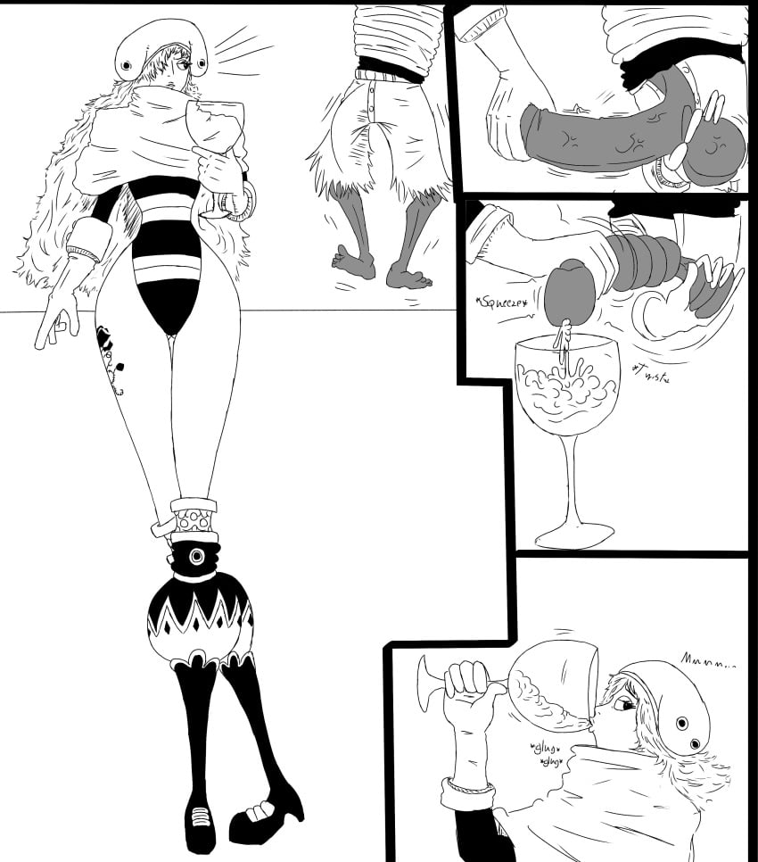 akuma_no_mi big_penis black_and_white charlotte_smoothie clothed clothing comic cum cum_drinking cum_in_container ejaculation erection estanofuego female handjob male monochrome one_piece panels partial_male penis penis_milking standing tagme thick twisting_penis