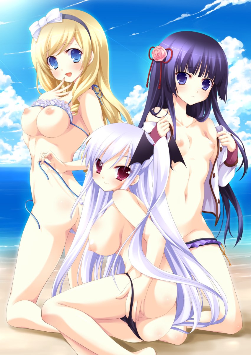 3girls akechi_hikari areolae ass bangs bare_shoulders beach bikini bikini_pull black_hairband blonde_hair blue_eyes blue_sky blush breasts buttons cloud cloudy_sky collarbone day eyebrows_visible_through_hair flower frilled_bikini frills from_side groin hair_flower hair_ornament hair_ribbon hairband hand_to_own_mouth highres hyper_highspeed_genius kneeling large_breasts long_hair long_sleeves looking_at_viewer lying miyasu_risa multiple_girls nipples ocean off_shoulder on_side open_clothes open_mouth open_shirt outdoors pink_flower purple_eyes purple_hair red_eyes red_ribbon ribbon sakura_windsor shiguresato_himeno shirt side_ponytail sky small_breasts smile stomach swept_bangs swimsuit undressing untied untied_bikini water white_hair windmill_(company)