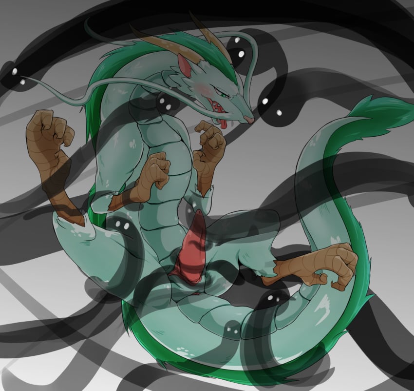 1boy animal_genitalia anus blush bondage bound dragon eastern_dragon erection feral fur genital_slit green_eyes green_fur haku_(spirited_away) hoshi_(artist) looking_pleasured male nude open_mouth penis scalie sen_to_chihiro_no_kamikakushi shadow slit spirited_away spread_legs spreading studio_ghibli thick_thighs tongue tongue_out whiskers wide_hips ほし