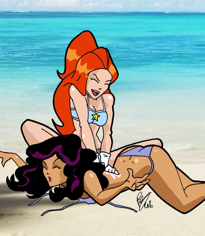 2girls beach bikini caitlin_(totally_spies) inspector97 lotion ocean sam_(totally_spies) sunbathing sunscreen swimsuit totally_spies