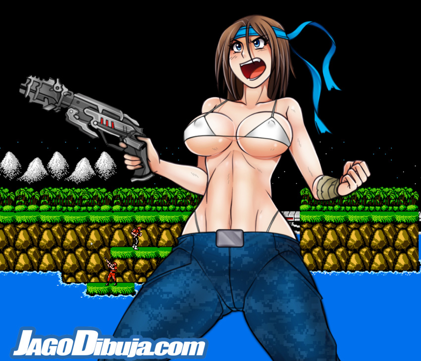 1girls belly big_breasts bikini bikini_top blue_eyes breasts brown_hair c:_the_contra_adventure cleavage contra contra:_shattered_soldier contra_(series) covered_breasts covered_nipples erect_nipples erika_(contra) female female_only high_resolution holding_gun holding_weapon jago_dibuja konami large_breasts midriff navel nipple_bulge nipples open_mouth panties pants pantsu playstation short_hair solo sony swimsuit the_contra_adventure thong tongue underwear weapon