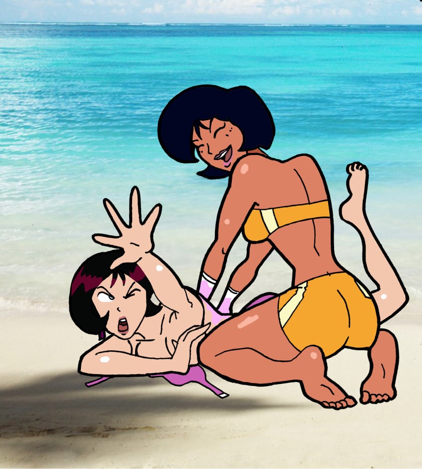 2girls alex_(totally_spies) beach bikini dark-skinned_female dark_skin dominique_(totally_spies) female female_only inspector97 lotion ocean sunbathing sunscreen swimsuit totally_spies