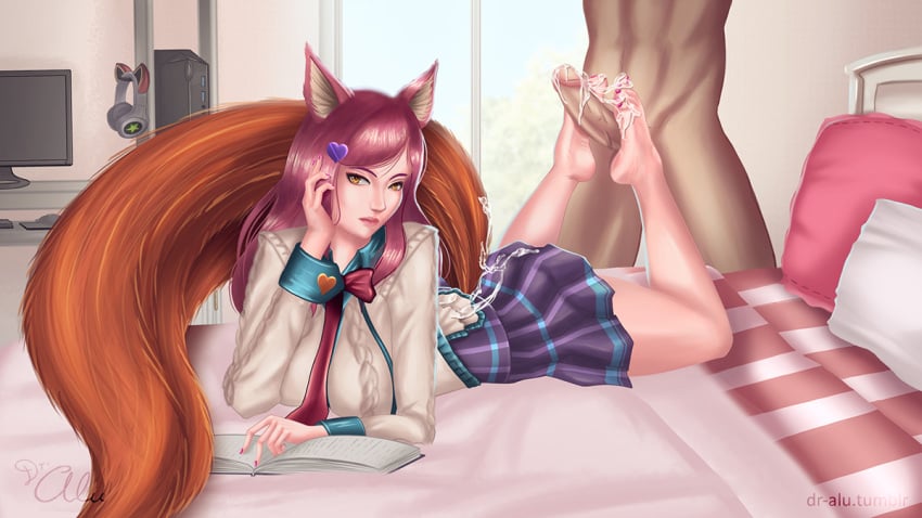 16:9 1boy 1girls academy_ahri ahri alternate_hair_color animal_ear_headphones animal_ears ass balls bare_legs barefoot breasts cum cum_on_ass cum_on_body cum_on_clothes cum_on_feet cum_on_lower_body cum_on_penis dr-alu feet female footjob fox_tail kumiho large_breasts league_of_legends long_hair looking_at_viewer lying male navel nipples penis pink_toenails red_hair skirt soles source_request tail thighhighs toes yellow_eyes