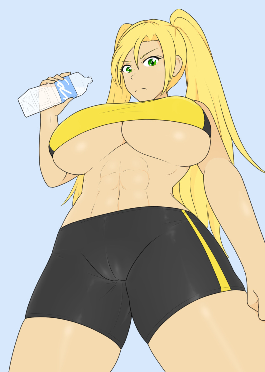 abs bike_shorts blonde_hair breasts cameltoe cleavage eyelashes female green_eyes jonfawkes large_breasts long_hair looking_at_viewer midriff original shorts simple_background skin_tight solo tied_hair toned twintails underboob valdis_nystrom water_bottle