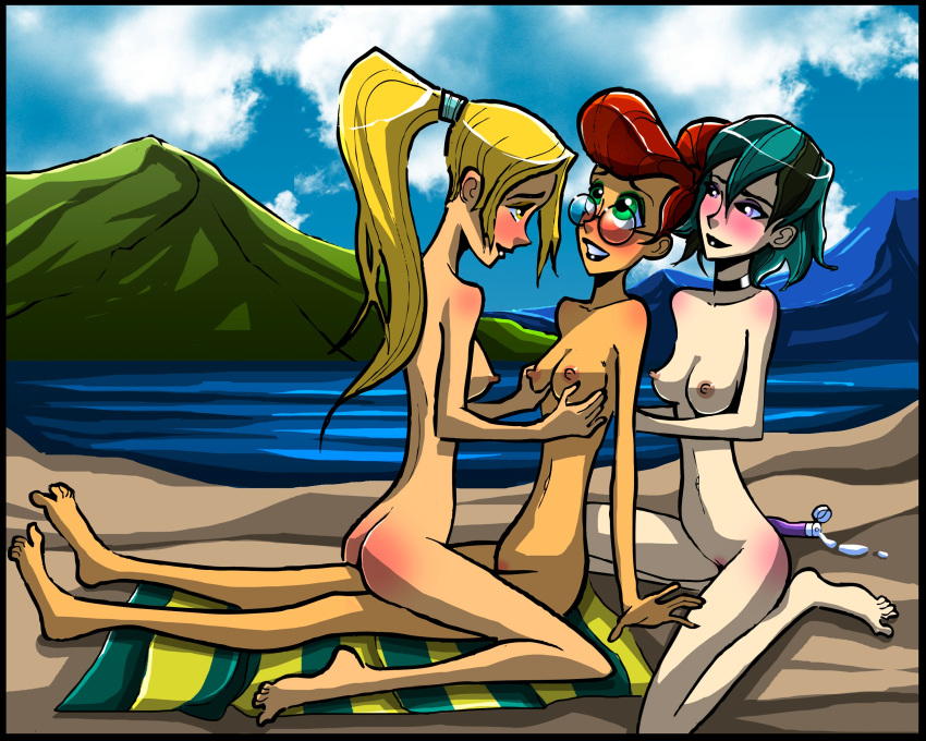 3girls aroberts beach blonde_hair blush bridgette_(tdi) female_only glasses green_hair gwen_(tdi) lotion multiple_girls nude red_hair scarlett_(tdi) sunbathing sunscreen total_drama:_pahkitew_island total_drama_island towel