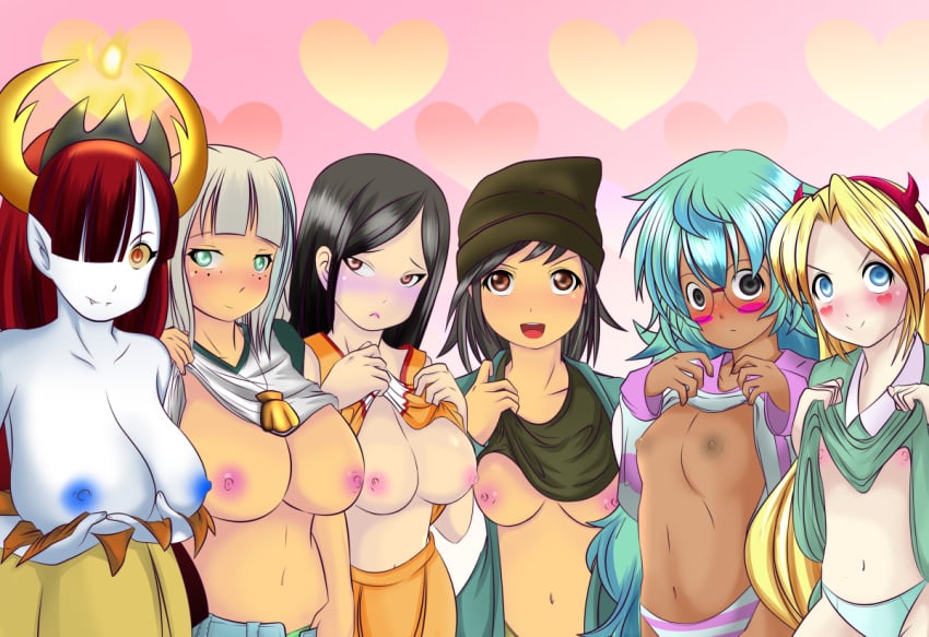 6+girls 6girls :d big_breasts black_hair blonde_hair blush breast_hold breasts brittney_wong cute_fang dark_skin disney disney_channel embarrassed emperor_ryoma female female_only fire flame freckles glasses green_hair green_panties hair_over_one_eye hairband happy heart heart_background hekapoo huge_breasts jackie_lynn_thomas janna_ordonia kelly_(star_vs_the_forces_of_evil) large_breasts light_skin long_hair medium_breasts multiple_girls nipples no_bra pale_skin panties pink_panties red_hair shirt_lift short_hair simple_background small_breasts smile star_butterfly star_vs_the_forces_of_evil straight_hair striped striped_panties xxangeluciferxx yellow_hair