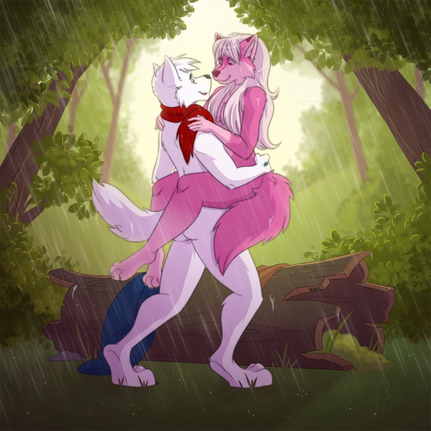 anthro canine canine duo female male mammal mcnubbies nude outside rains sex wet wolf