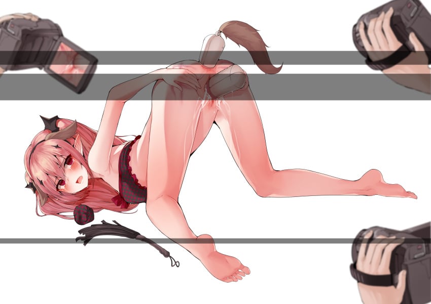 anal bottomless crying flog genital_fluids hand_on_ass krul_tepes long_hair looking_back owari_no_seraph pink_hair questionable_consent recording red_eyes tears toys vaginal whip_marks