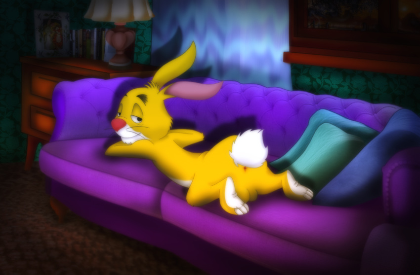 1boy anus balls dark disney lagomorph looking_back male male_only mammal presenting rabbit rabbit_(winnie_the_pooh) sofa solo straight_hair winnie_the_pooh_(franchise) yellow_fur