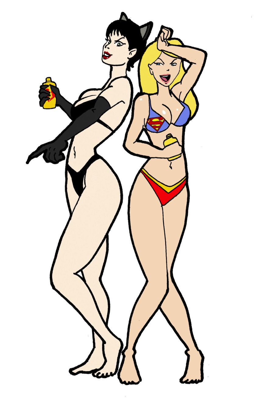 2girls batman_(series) bikini catwoman dc_comics dcau inspector97 lotion selina_kyle straight_hair sunscreen supergirl superman_(series) swimsuit