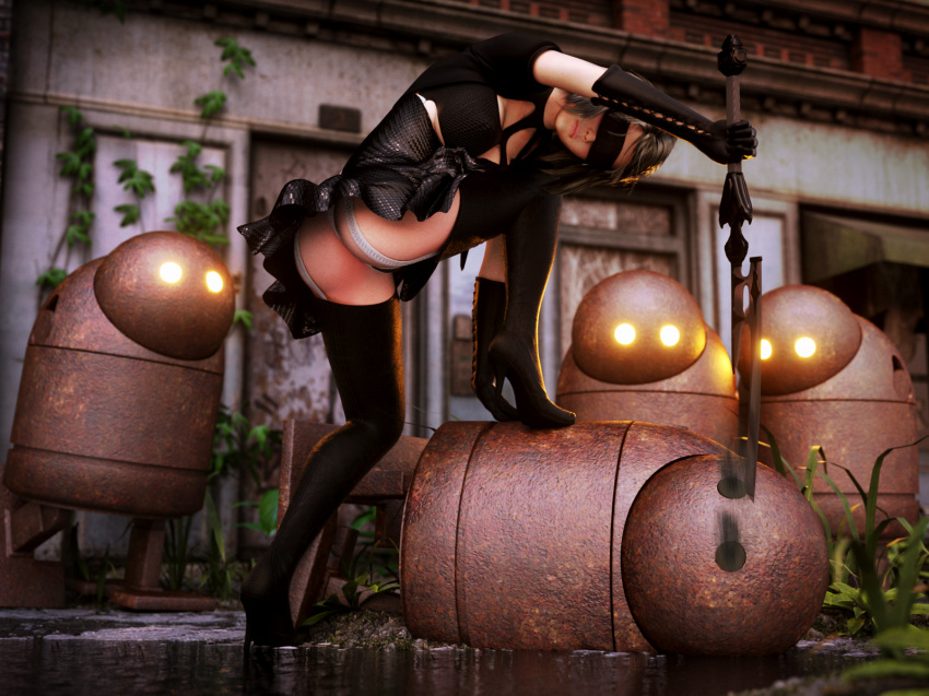 1girls 3d ass badonion blindfold boots dress female garter_straps nier nier:_automata panties robot solo thigh_boots yorha_2b