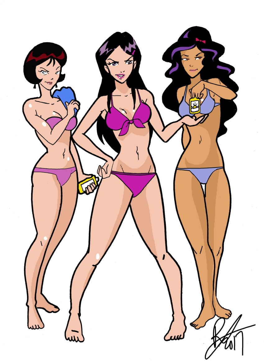 2017 3girls bikini caitlin_(totally_spies) dark-skinned_female dark_skin dominique_(totally_spies) female female_only inspector97 lotion mandy_(totally_spies) mandy_walters sunscreen swimsuit totally_spies towel