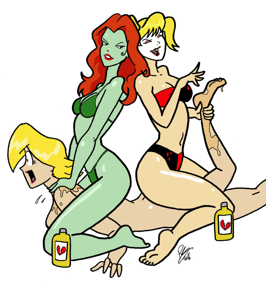 2d 3girls batman_(series) bikini boots clover_(totally_spies) crossover dc_comics dcau green-skinned_female green_skin harley_quinn high_heel_boots high_heels inspector97 knee_boots lotion multiple_girls pamela_isley poison_ivy sunscreen swimsuit totally_spies