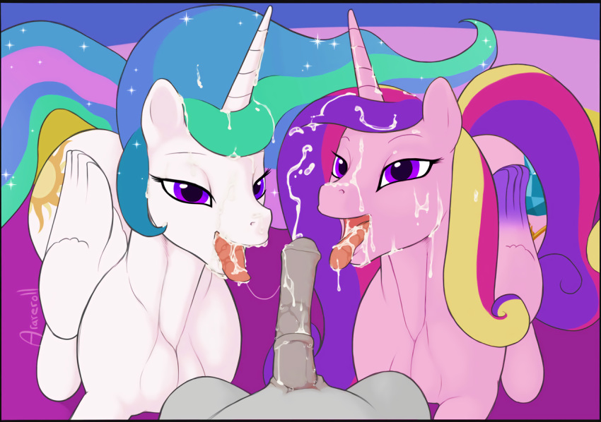 2017 alicorn animal_genitalia animal_penis arareroll balls cum cum_in_hair cum_on_face cum_on_tongue cutie_mark edit equine equine_penis female feral friendship_is_magic group hair horn horsecock male mammal multicolored_hair my_little_pony open_mouth penis princess_cadance_(mlp) princess_celestia_(mlp) straight tongue wings