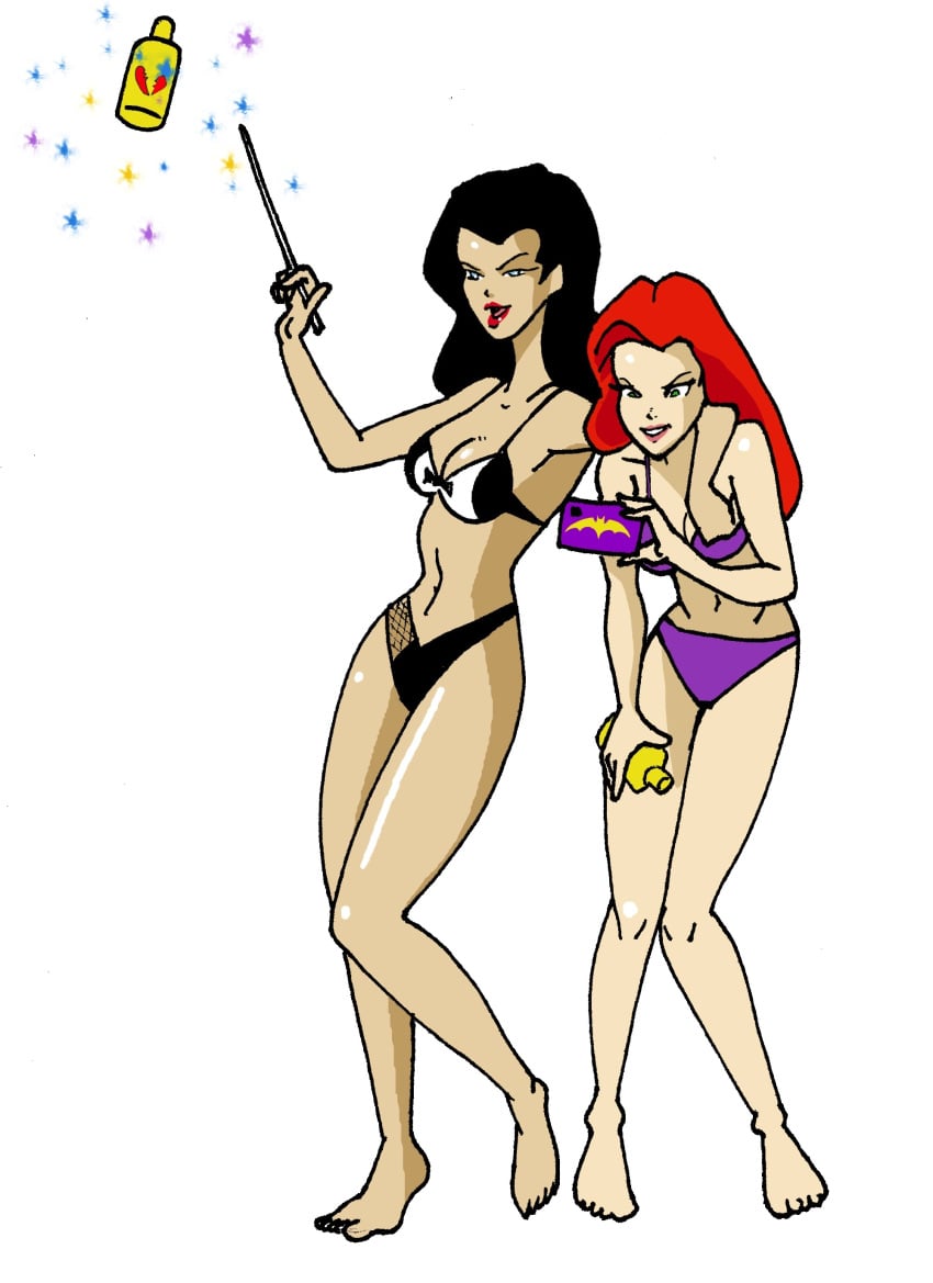 2girls barbara_gordon batgirl batman_(series) bikini dc dcau inspector97 lotion straight_hair sunscreen swimsuit zatanna