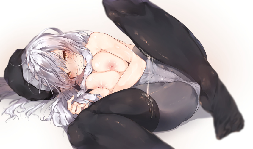 1girls absurdres blush breast_squeeze breasts caren_ortensia cum cum_on_clothes fate/hollow_ataraxia fate_(series) female hat highres hplay large_breasts long_hair looking_at_viewer lying nipples on_side panties panties_under_pantyhose pantyhose silver_hair solo spread_legs thighhighs thighhighs_over_pantyhose topless type-moon underwear yellow_eyes