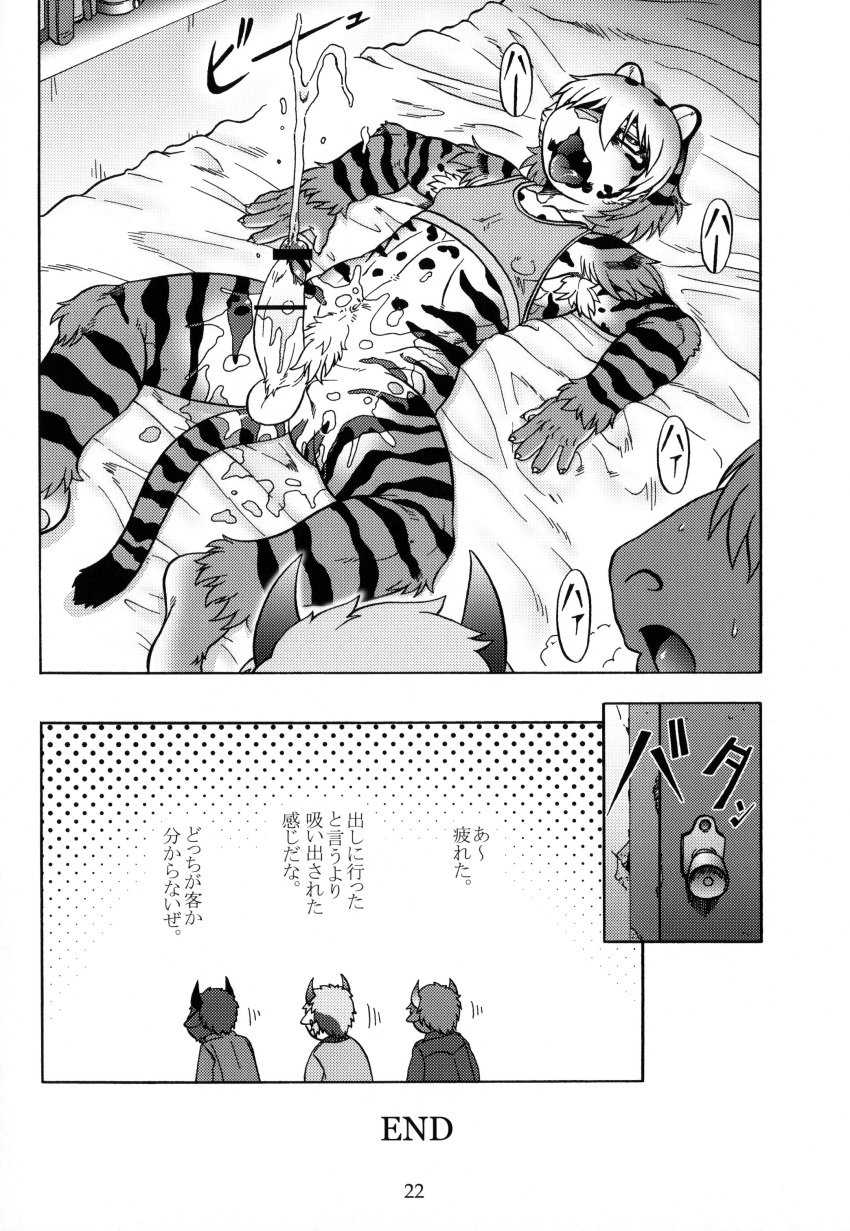 anthro aoi_takayuki bovine cattle cum erection feline fur girly hair horn japanese_text male mammal monochrome muscular open_mouth panting penis simple_background slut_kitty stripes testicles text tiger tongue tongue_out