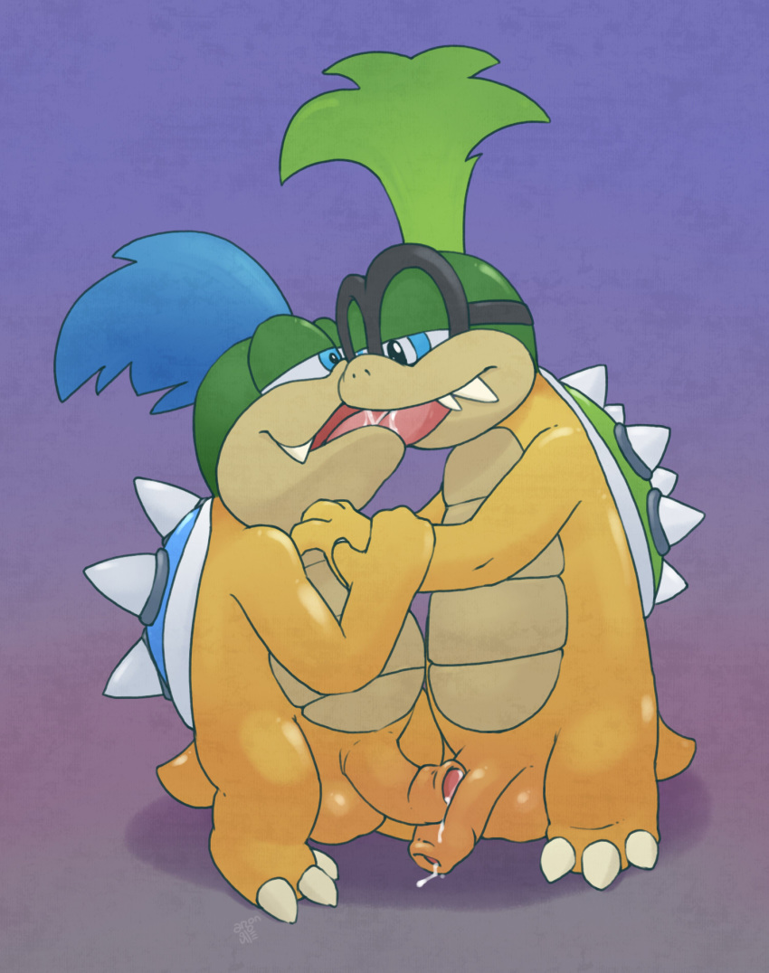 anthro argon_vile balls embrace gay humanoid_penis iggy_koopa incest kissing koopa koopaling larry_koopa male mario_(series) nintendo penis scalie simple_background standing uncut yaoi