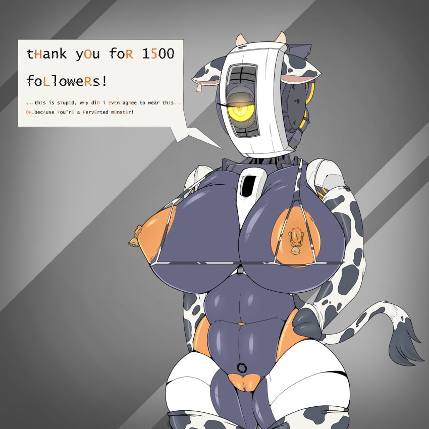 1girls 2d 3_fingers abs anthro big_breasts bovine breasts cattle costume cowbell devilbluedragon female female_only glados half-closed_eyes huge_breasts humanoid living_machine machine mammal nipple_piercing nipples one_eye orange_nipples piercing portal_(series) pussy robot robot_girl robot_humanoid shiny solo tail thick_thighs unimpressed valve video_games voluptuous wide_hips