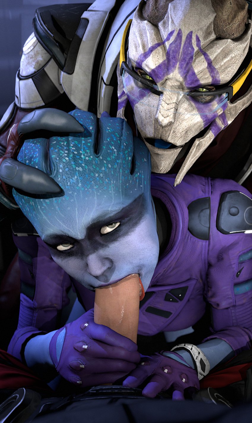 2018 3d alien armor asari assisted_fellatio clothed clothing dank_wankem erection fellatio female group group_sex hi_res human humanoid male mammal mass_effect oral oral_penetration partially_clothed peebee penetration penis scott_ryder sex straight turian unseen_male_face vetra_nyx video_games visor