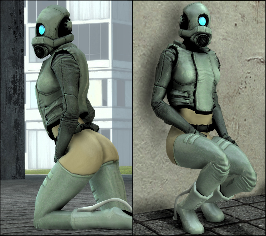 3d ass blue_eye combine combine_assassin garry's_mod half-life_2_beta kneeling looking_at_viewer photo_shoot photoshoot sideboob sitting thighs white_boots white_legwear