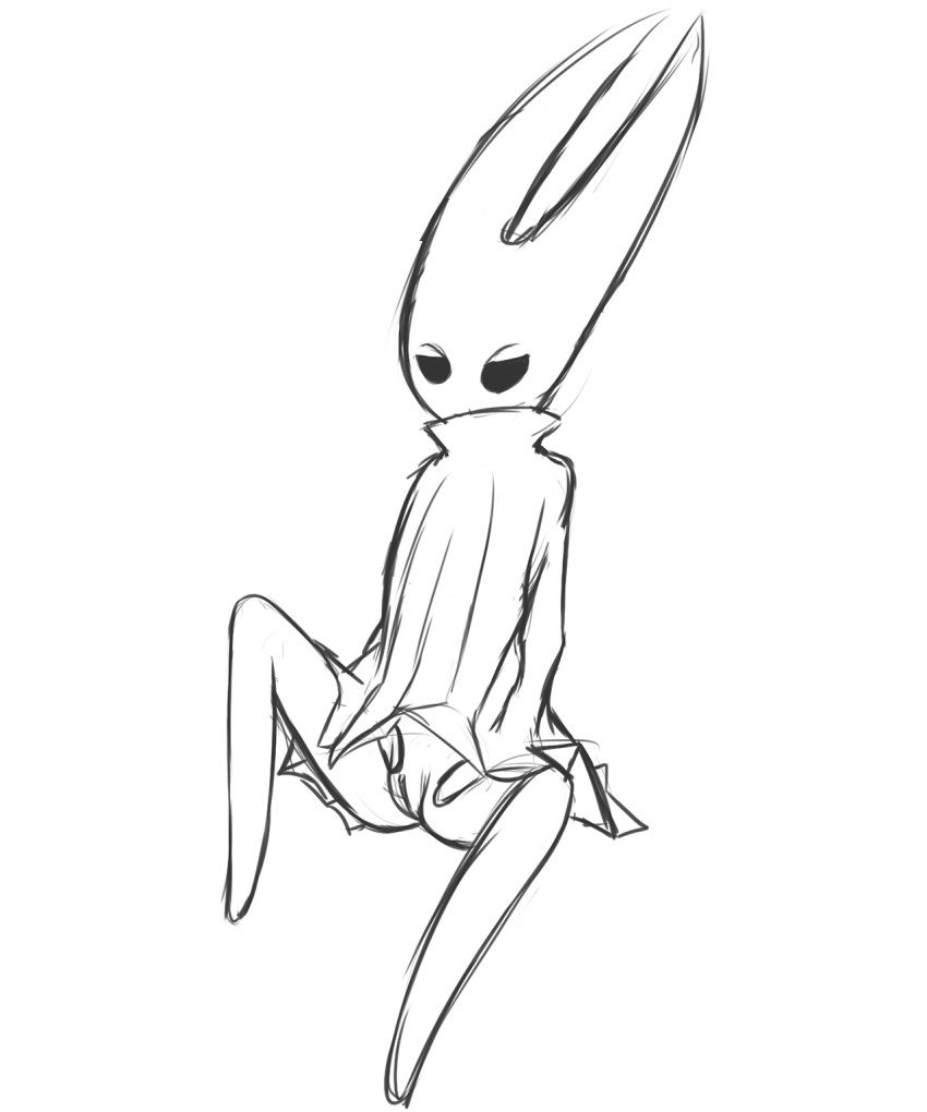 clothed clothing dress empty_eyes female fingerless hollow_knight hornet_(hollow_knight) kdd monochrome presenting_self pussy simple_background solo toeless white_background