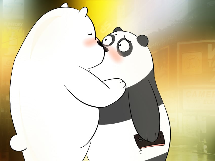 bear blush cartoon_network ice_bear incest kissing male mammal outdoors panda panda_(character) phone polar_bear we_bare_bears yaoi 写作晓牛读作熊猫