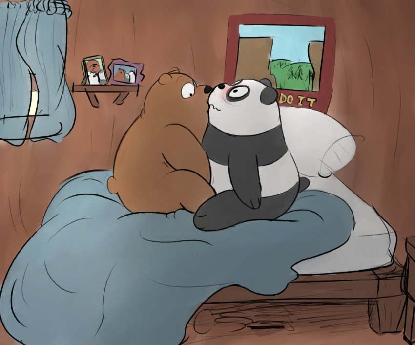 bear bed bedroom blush cartoon_network grizzly_(character) grizzly_bear handjob indoors kissing male mammal panda panda_(character) portrait sex slightly_chubby unknown_artist we_bare_bears window yaoi