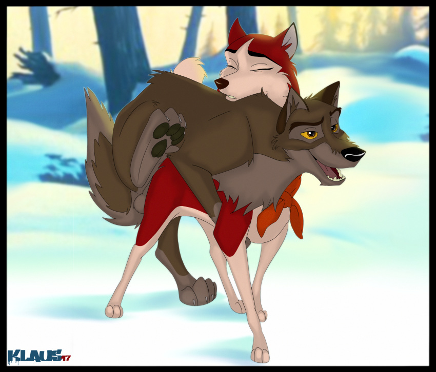 all_fours anthro balls balto balto_(character) balto_(film) canine doggy_style duo female feral feral_on_feral from_behind_position husky jenna jenna_(balto) klaus_doberman looking_pleasured male mammal outside paws sex snow straight wolf