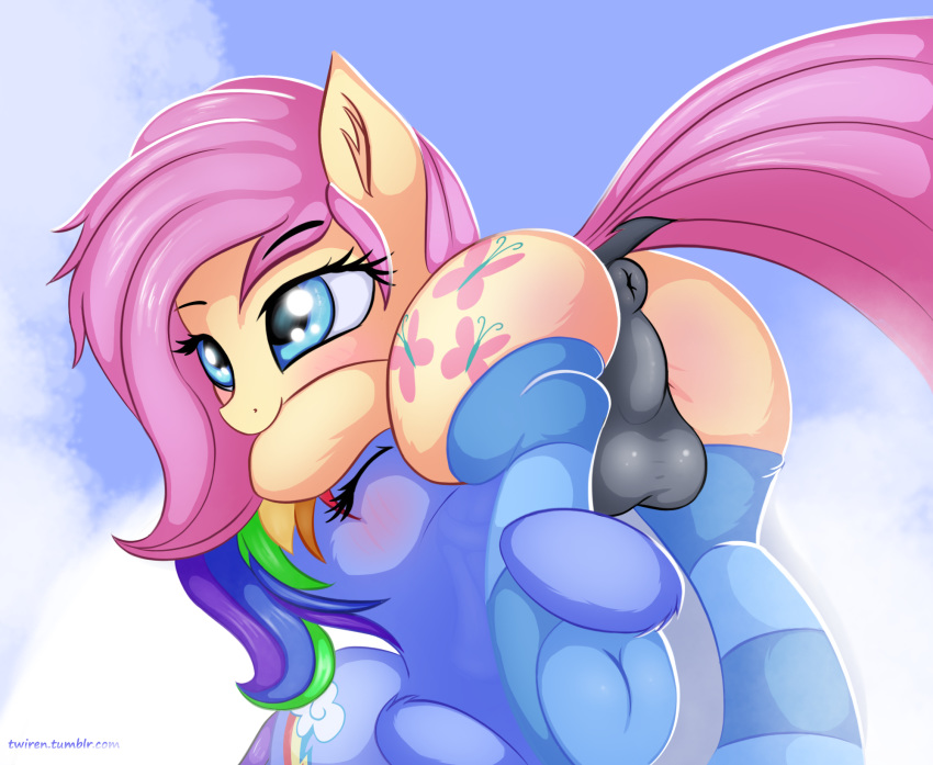 2017 anus ass balls blush clothing cloud cutie_mark dickgirl dock duo equine eyelashes feral fluttershy_(mlp) friendship_is_magic hair hi_res horse intersex legwear mammal multicolored_hair my_little_pony on_cloud oral outside pony rainbow_dash_(mlp) rainbow_hair rule_63 sex smile striped striped_legwear stripes twiren