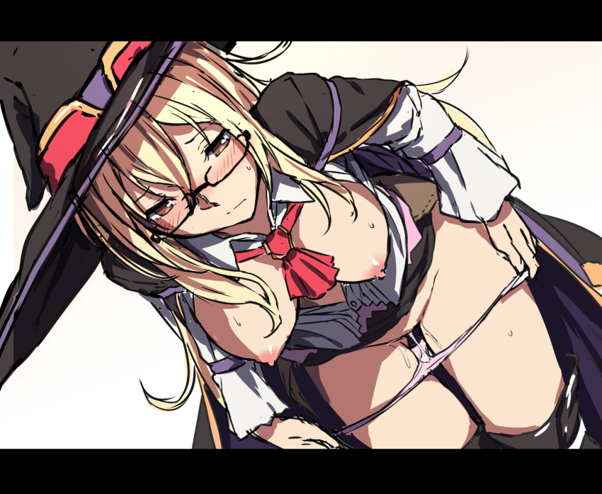 areolae aurora_hard blonde_hair blush breasts breasts_out brown_eyes crotch female glasses hanging_breasts hat kanpani_girls leaning_forward letterboxed long_hair medium_breasts nagioka_(sblack) nipples open_clothes panties panty_pull pussy_juice sblack simple_background sketch solo thighhighs undressing wide_sleeves witch_hat