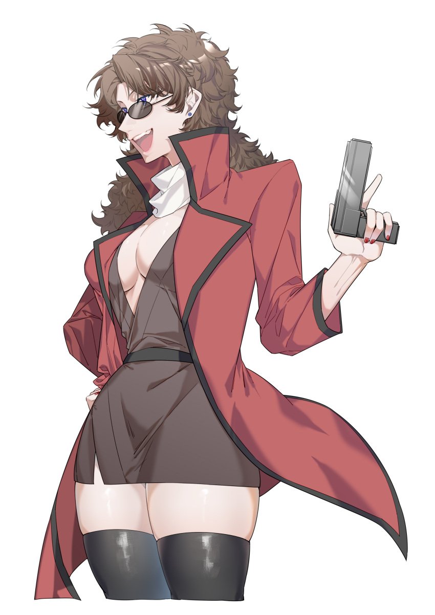 black_legwear black_thighhighs blue_eyes brown_hair cleavage coat curly_hair earrings female female_only fully_clothed genderswap_(mtf) gintama gun hand_on_hip jacket japanese_clothes kimono long_hair looking_over_eyewear looking_over_glasses looking_over_sunglasses medium_breasts nail_polish no_bra open_jacket open_mouth popped_collar red_nails rule_63 sakamoto_tatsuma scarf short_dress short_kimono smile solo sukura_yuxun sunglasses thick_thighs thighhighs tinted_eyewear trenchcoat weapon wide_hips zettai_ryouiki