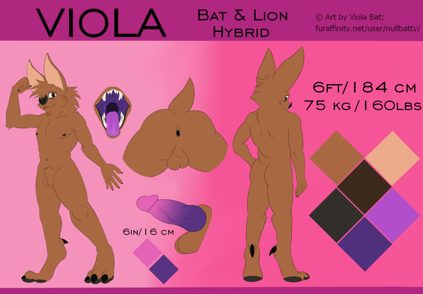 ass backsack balls bat brown_eyes brown_fur claws digitigrade feline fur hybrid lion male mammal model_sheet open_mouth penis purple_penis rear_view seath solo viola viola_bat