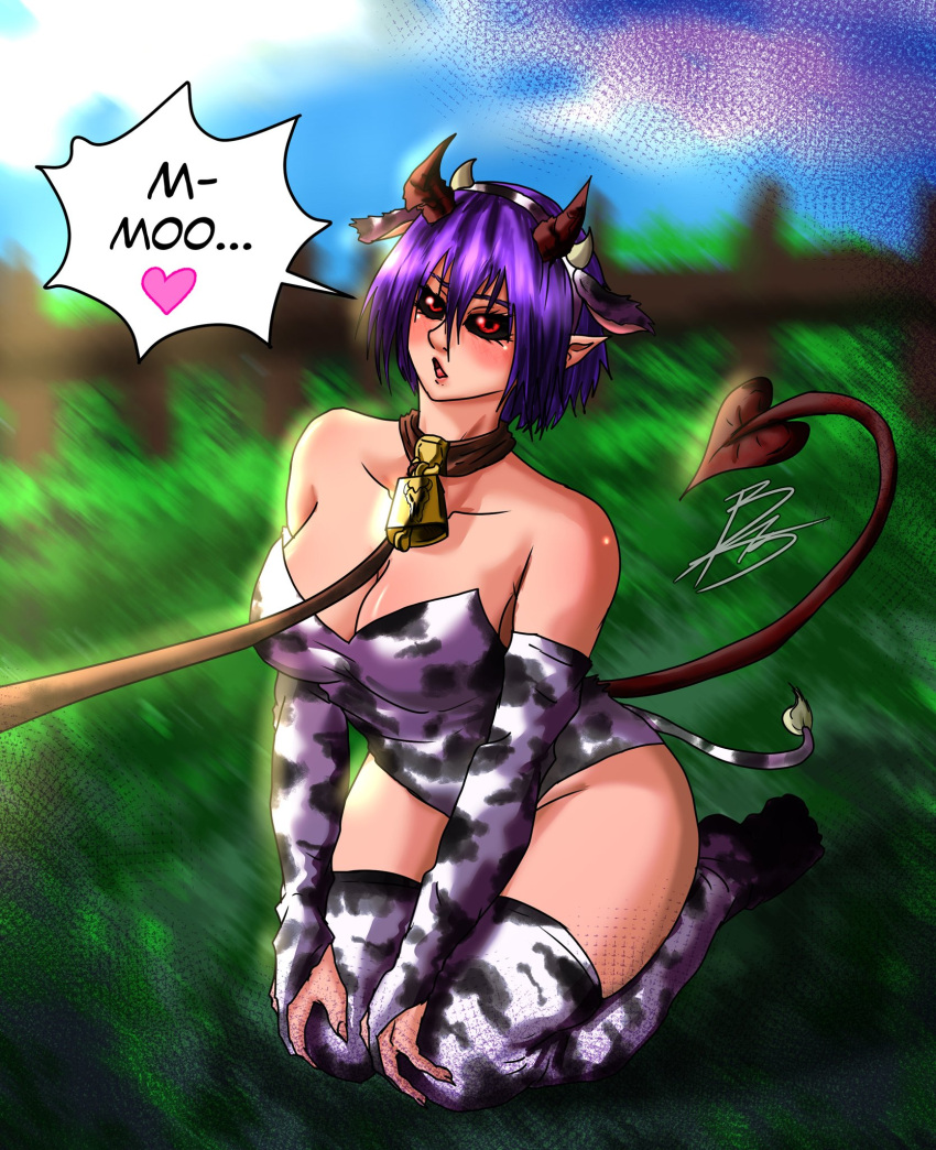 1girls bare_shoulders bell bell_collar black_sclera blush bri4n500 costume cow_ears cow_girl cow_horns cow_print cow_tail cowbell demon demon_girl demon_horns demon_tail el_diario_de_jonathan elbow_gloves female gloves heart histeria horns kneeling leash leash_and_collar legwear pointy_ears purple_hair red_eyes short_hair solo solo_female stockings tail thighhighs