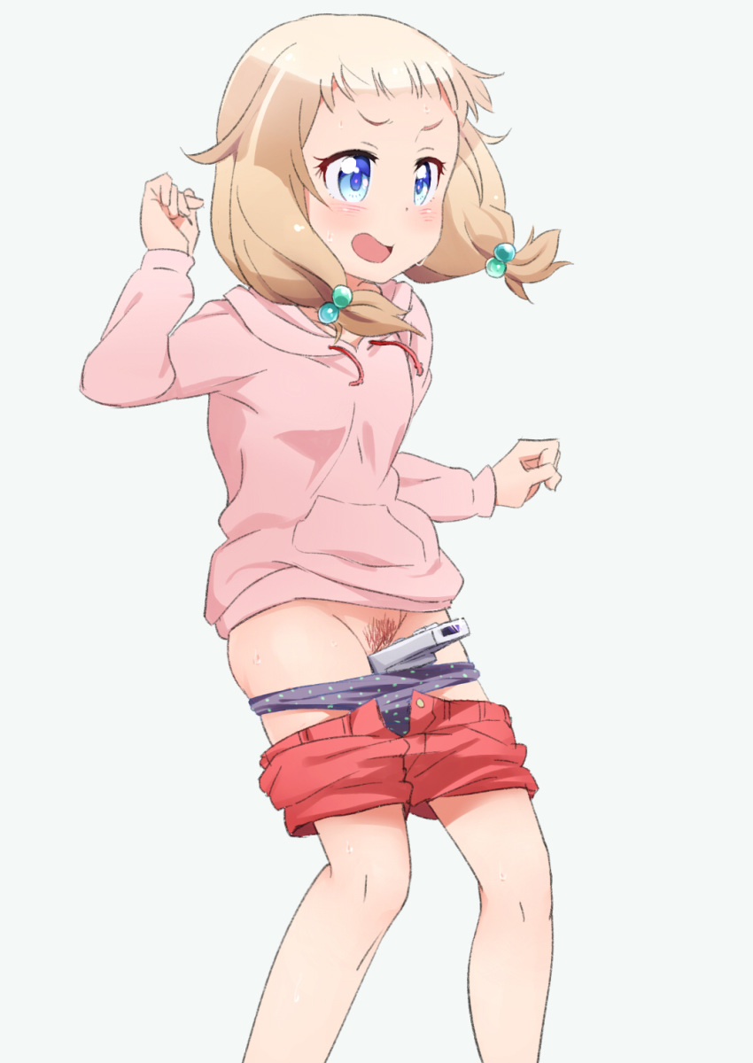 aqua_eyes between_legs between_thighs blonde_hair blue_eyes blush clothing female hair_bobbles hair_ornament hayyan hoodie long_hair looking_to_the_side low_twintails new_game! open_mouth panties panty_pull polka_dot polka_dot_panties pubic_hair pussy remote_control sakura_nene short_twintails shorts shorts_pull simple_background smile solo standing sweat tied_hair twintails uncensored video_game_controller white_background