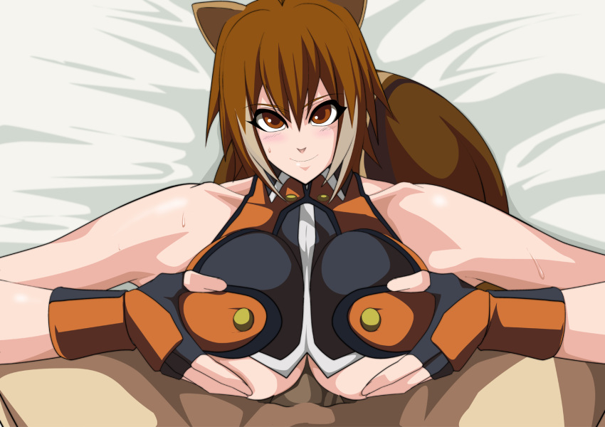 1boy animal_ears antenna_hair arc_system_works bare_shoulders bed blazblue blazblue:_continuum_shift blush breast_grab breasts brown_eyes brown_hair crop_top female fingerless_gloves game_cg large_breasts lime_(purple_haze) looking_at_viewer lying makoto_nanaya masturbation midriff miniskirt navel paizuri panties penis shiny shiny_skin short_hair skirt smile solo squirrel_ears squirrel_tail stomach straight sweat tail